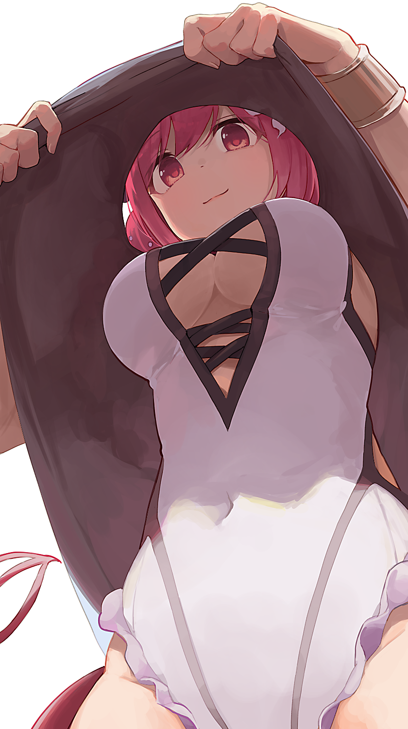 1girl, backlighting, bracer, breasts, brown_shirt, casual_one-piece_swimsuit, closed_mouth, clothes_lift, covered_navel, frilled_one-piece_swimsuit, frilled_swimsuit, frills, from_above, from_below, highres, hiroki_(yyqw7151), io_(princess_connect!), io_(summer)_(princess_connect!), lifting_own_clothes, looking_at_viewer, looking_down, medium_breasts, one-piece_swimsuit, pink_eyes, pink_hair, princess_connect!, shirt, shirt_lift, short_hair, simple_background, smile, solo, standing, swimsuit, swimsuit_under_clothes, underboob, upshirt, white_background