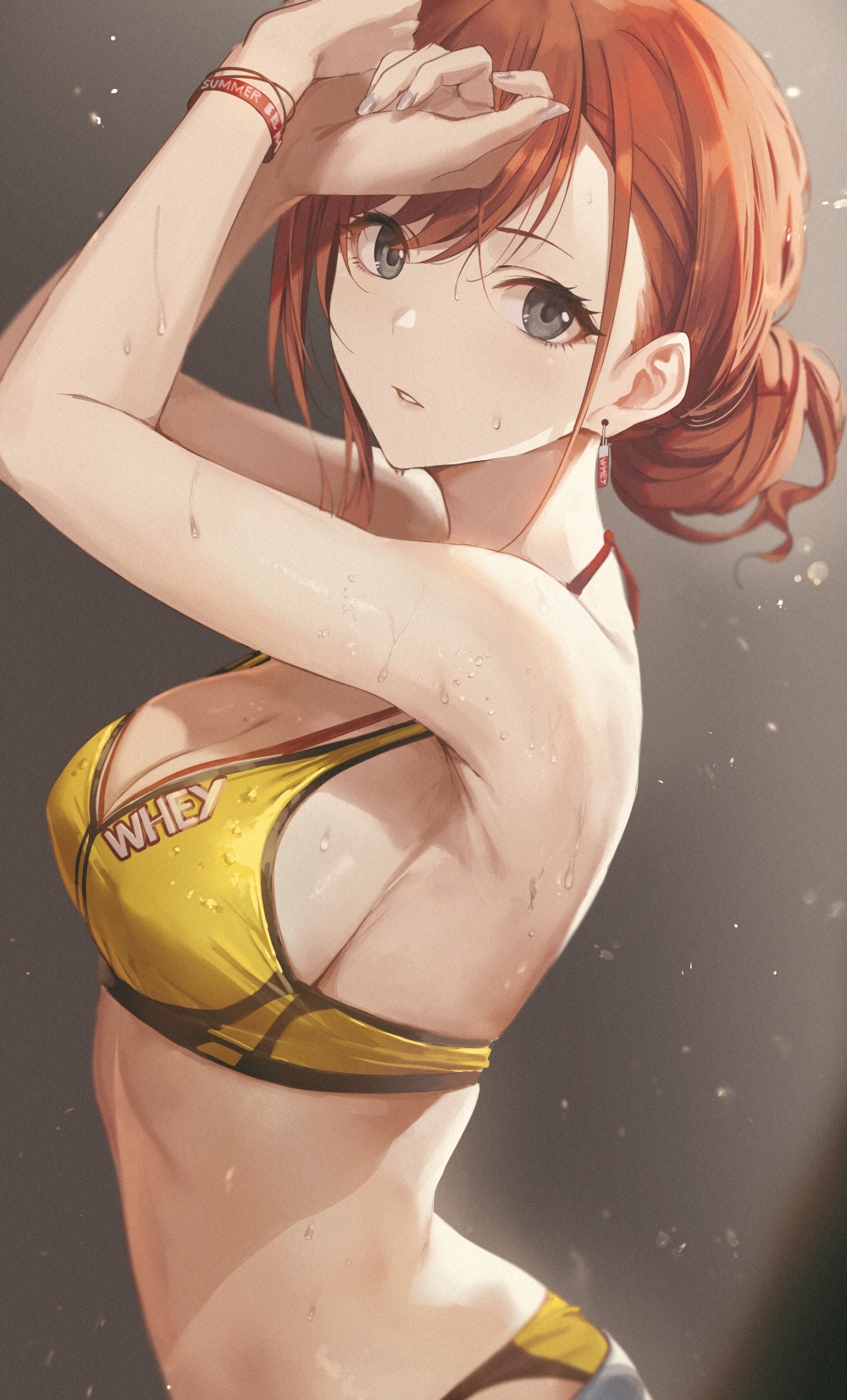 1girl, arisugawa_natsuha, armpits, arms_up, bare_shoulders, blush, bracelet, breasts