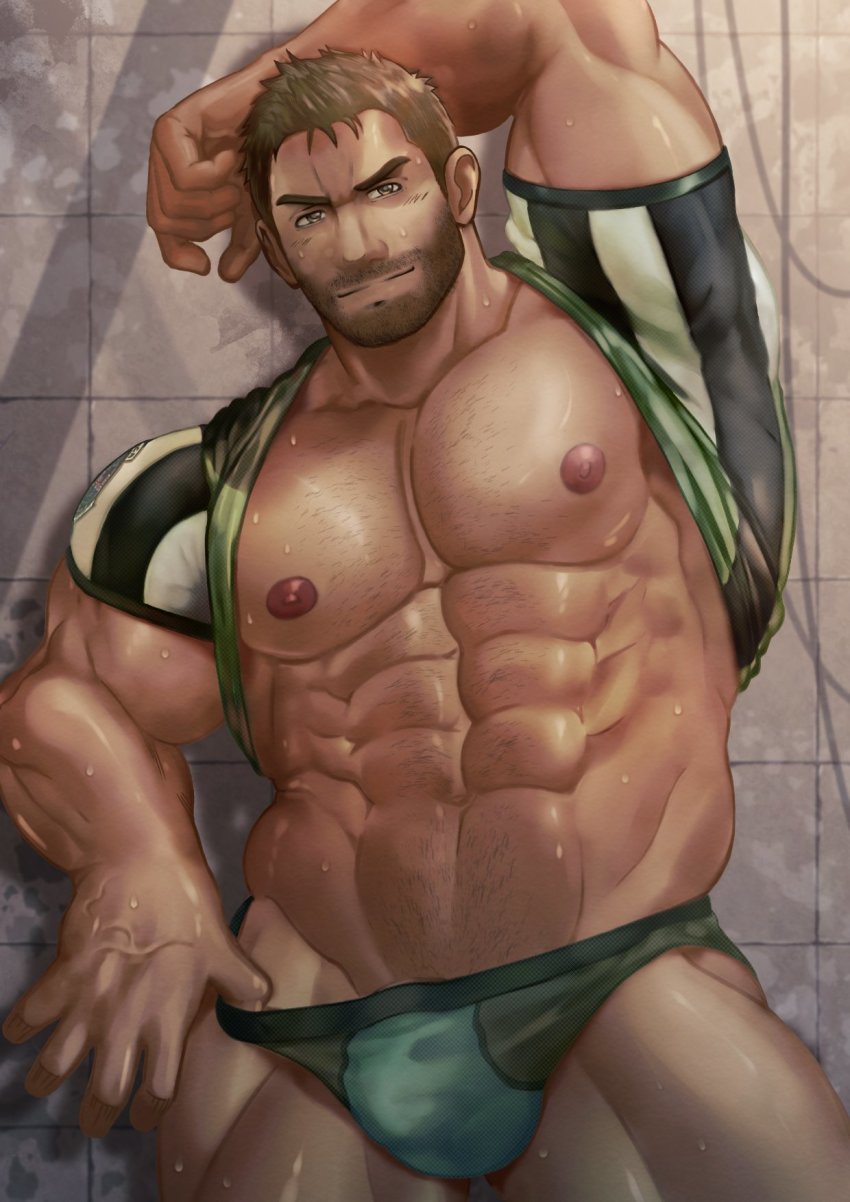 1boy, abs, arm_up, bara, bare_pectorals, beard, black_shirt, briefs