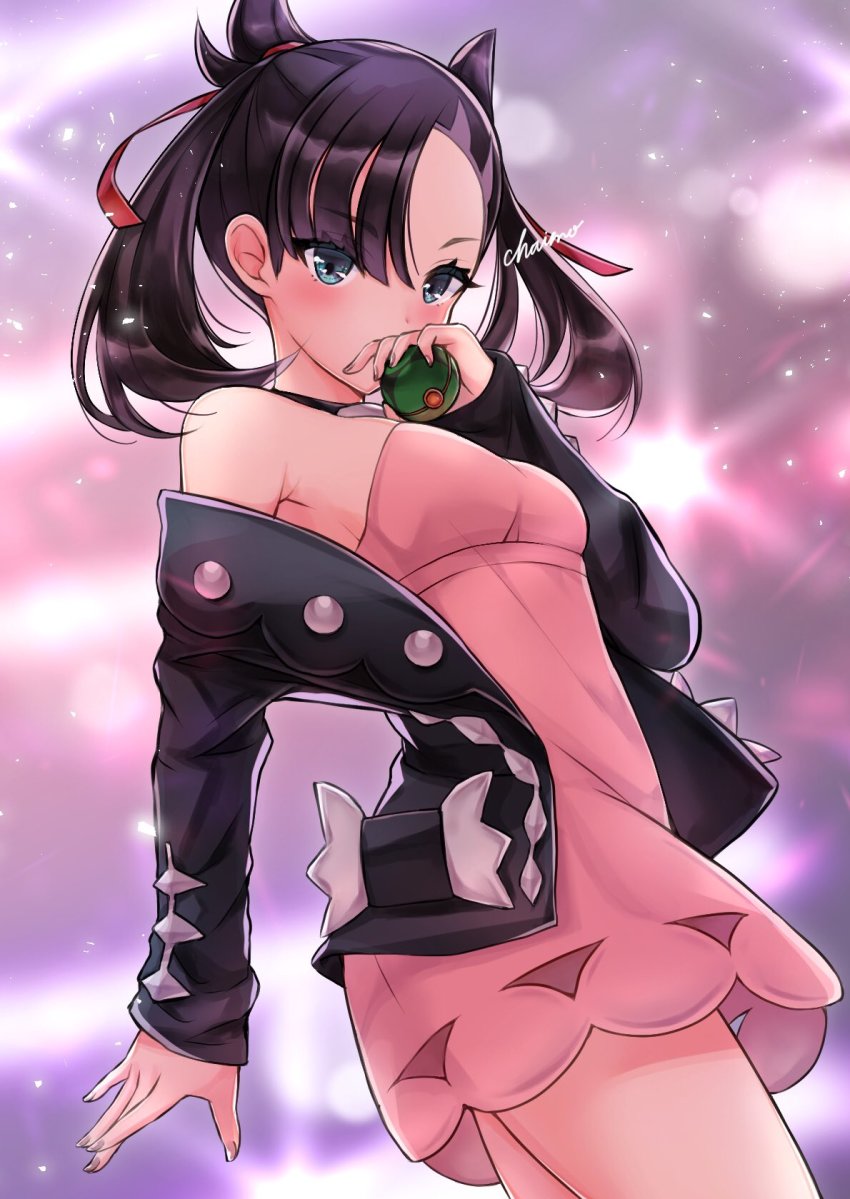 1girl, asymmetrical_bangs, black_choker, black_hair, black_jacket, blush, chaimo_box, choker, commentary, covering_own_mouth, dress, dusk_ball, eyelashes, green_eyes, hair_ribbon, highres, holding, holding_poke_ball, jacket, long_sleeves, marnie_(pokemon), nail_polish, nintendo, off_shoulder, open_clothes, open_jacket, pink_dress, poke_ball, pokemon, pokemon_sword_and_shield, red_ribbon, ribbon, signature, solo