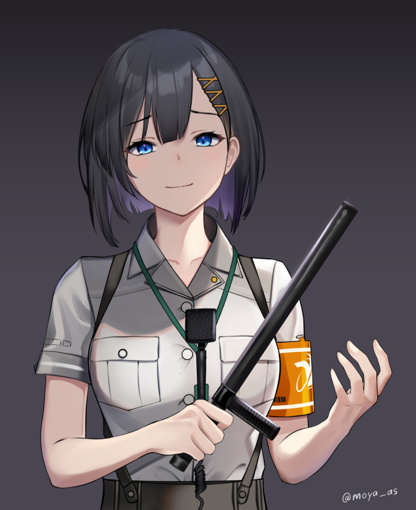 1girl, armband, baton_(weapon), black_hair, blue_eyes, breasts, collared_shirt, colored_inner_hair