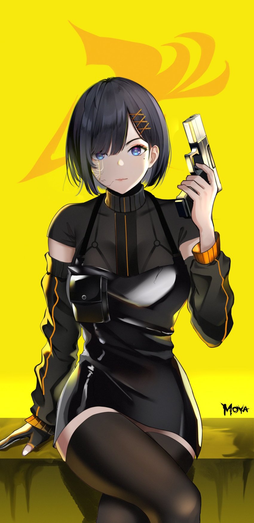 1girl, absurdres, artist_name, black_dress, black_thighhighs, blue_eyes, breasts, crossed_legs