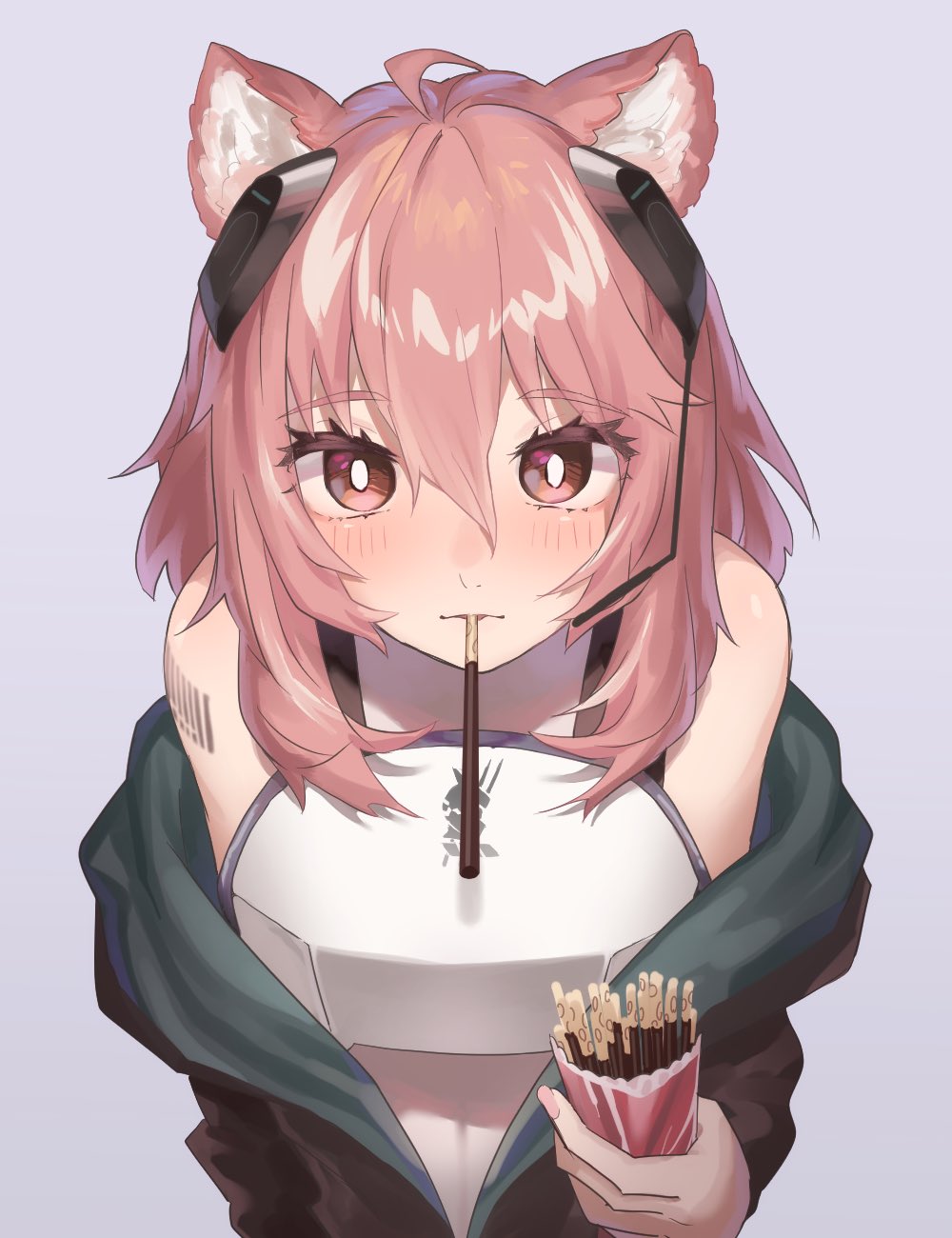 1girl, arknights, armor, barcode, barcode_tattoo, black_jacket, blush, breastplate, chicha_(chi_cha_rigbo), earpiece, female_focus, food, gravel_(arknights), grey_background, highres, holding, holding_food, holding_pocky, jacket, looking_at_viewer, medium_hair, mouth_hold, off_shoulder, open_clothes, open_jacket, pink_eyes, pink_hair, pocky, simple_background, solo, tattoo, upper_body