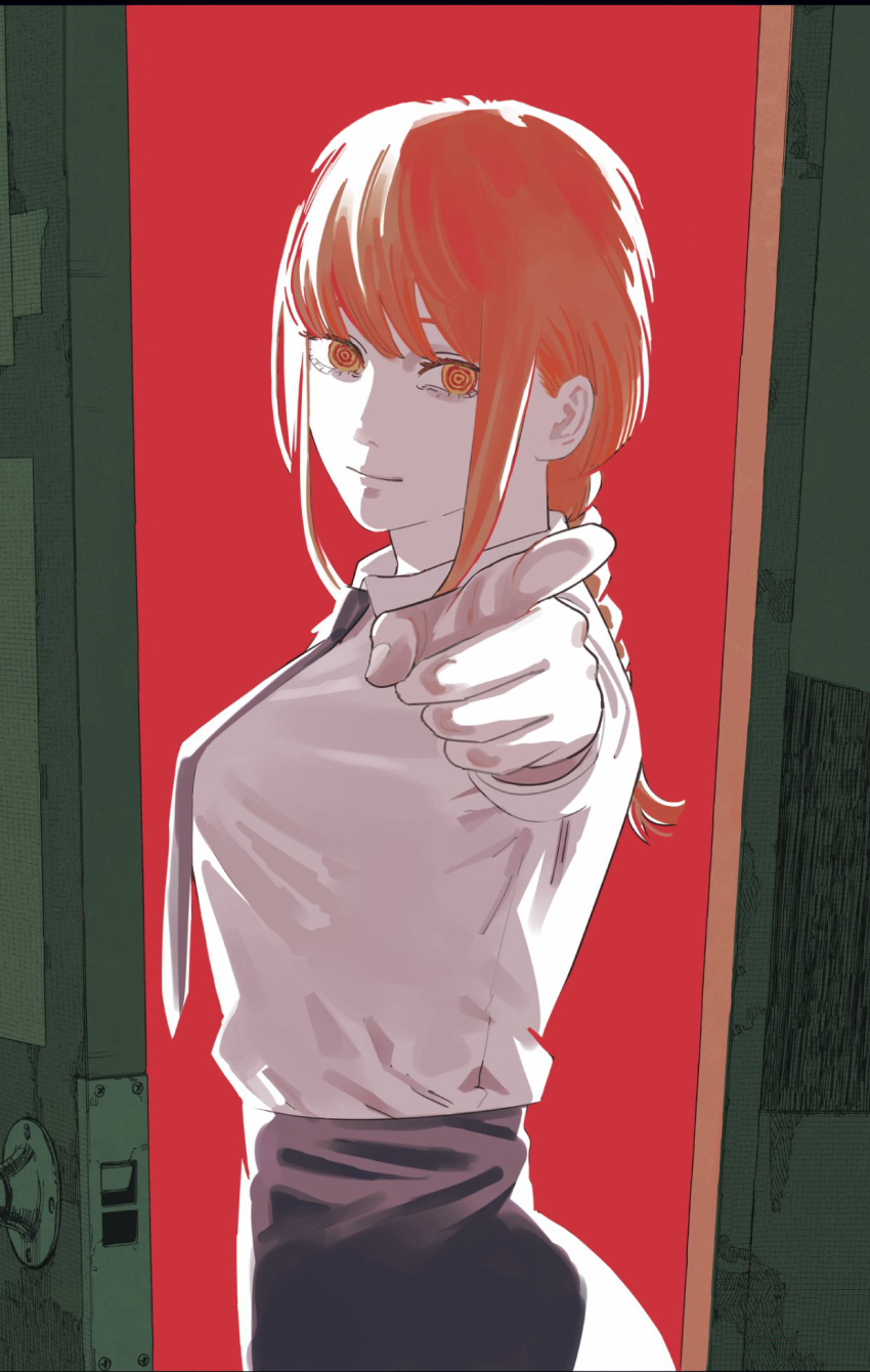 1girl, black_pants, braid, brown_hair, chainsaw_man, cleaned, collared_shirt, cover, cover_page, eyelashes, fujimoto_tatsuki, highres, long_hair, long_sleeves, looking_at_viewer, makima_(chainsaw_man), manga_cover, necktie, official_art, open_door, pants, pointing, pointing_at_viewer, ponytail, red_background, shirt, three-quarter_sleeves, smile, solo, unusual_pupils, volume_cover, white_shirt, yellow_eyes