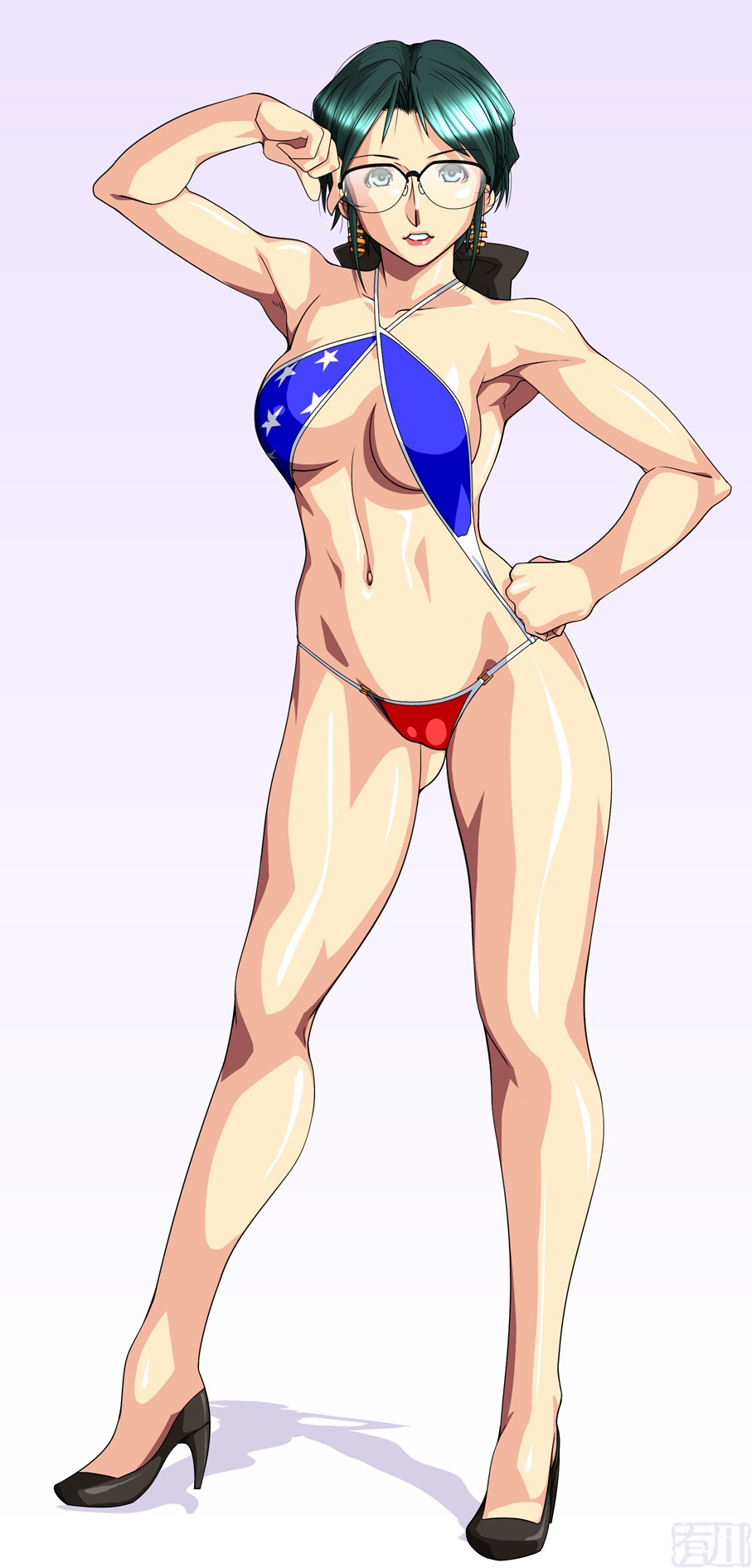 1girl, american_flag, american_flag_bikini, american_flag_print, bikini, bow, earrings, flag_print