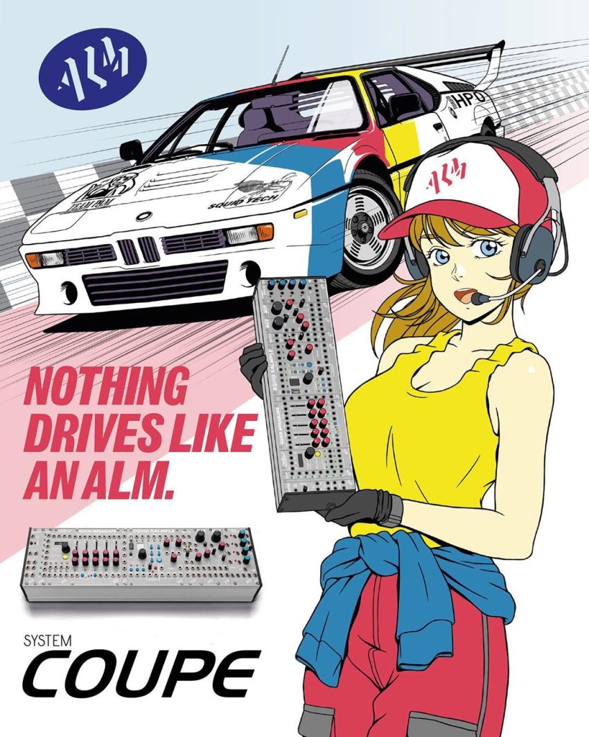 1980s_(style), 1girl, alm_/_busy_circuits, bare_shoulders, baseball_cap, black_gloves, blue_eyes, bmw, bmw_850i, breasts, brown_hair, car, cleavage, clothes_around_waist, clothes_lift, commentary, commission, controller, cowboy_shot, english_commentary, english_text, facing_viewer, flat_color, gloves, hat, headset, highres, instrument, jose_salot, looking_at_viewer, medium_breasts, medium_hair, motor_vehicle, oldschool, open_mouth, product_placement, racing, racing_car, retro_artstyle, shirt_lift, solo_focus, sports_car, standing, sweater, sweater_around_waist, synthesizer, teeth, upper_teeth_only