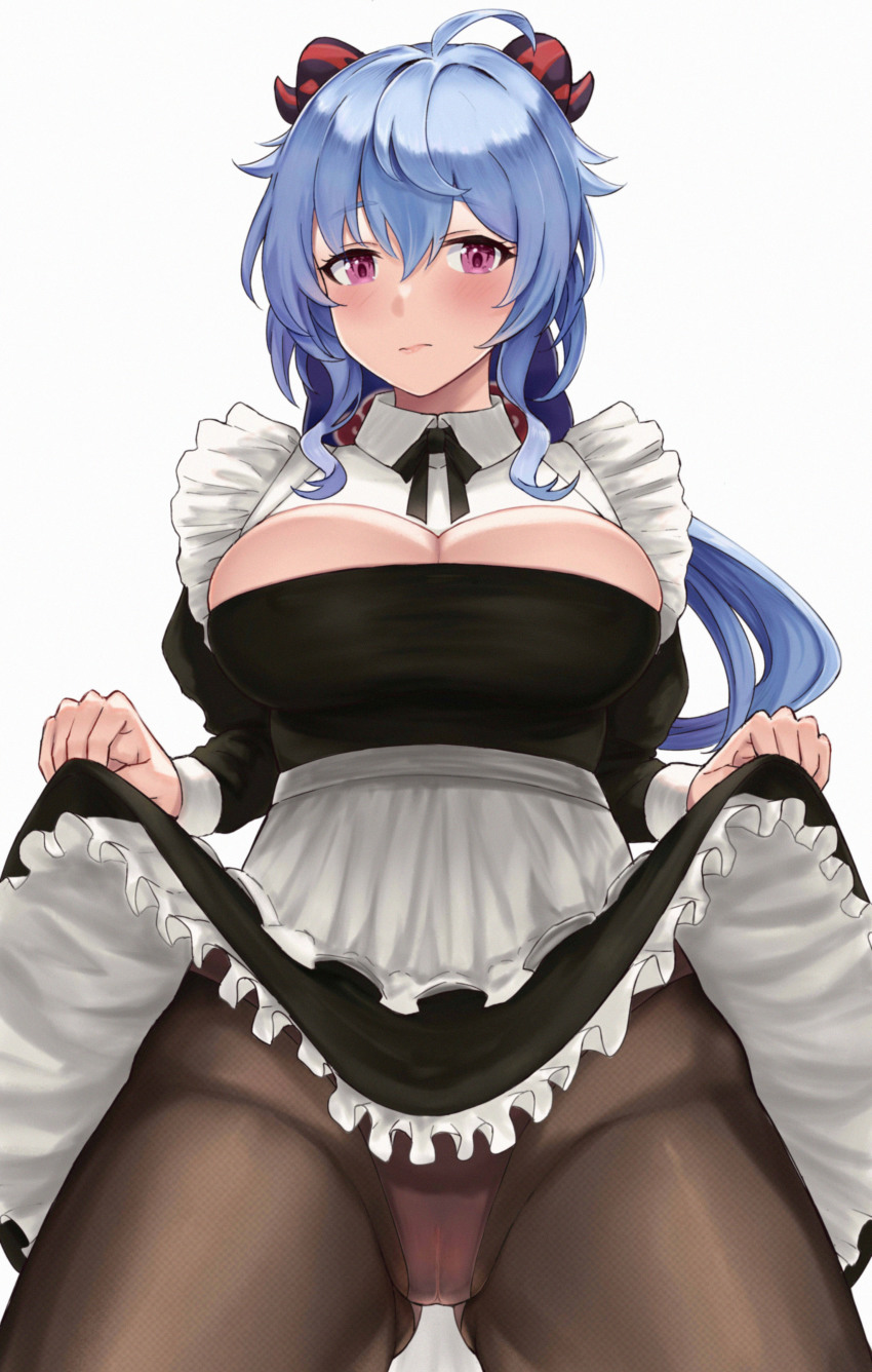 1girl, absurdres, apron, black_dress, black_neckwear, black_pantyhose, blue_hair, blush, breasts, cameltoe, cleavage, cleavage_cutout, clothes_lift, clothing_cutout, collar, cowlick, dress, dress_lift, frills, ganyu_(genshin_impact), genshin_impact, gluteal_fold, hair_between_eyes, highres, horns, large_breasts, lifting_own_clothes, long_hair, long_sleeves, looking_at_viewer, maid, maumaou, panties, panties_under_pantyhose, pantyhose, pink_panties, purple_eyes, sidelocks, simple_background, solo, underwear, white_background, white_collar