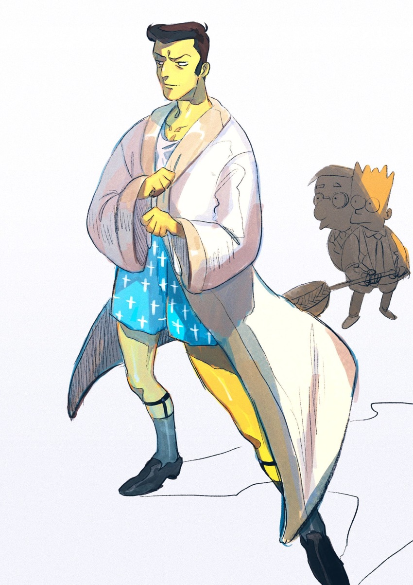 3boys, animification, bart_simpson, black_eyes, black_footwear, black_hair, blazer, blue_shorts, bondo_(doretto23), brown_hair, collarbone, collared_shirt, colored_skin, commentary_request, cross, cross_print, dress_shirt, film_grain, formal_clothes, glasses, grey_legwear, hands_up, highres, holding, jacket, legwear_garter, long_sleeves, looking_to_the_side, male_focus, milhouse_van_houten, multiple_boys, offertory, pompadour, print_shorts, reverend_lovejoy, robe, shirt, shoes, short_hair, shorts, simple_background, sleeves_past_wrists, socks, standing, the_simpsons, white_robe, white_shirt, wide_sleeves, yellow_skin