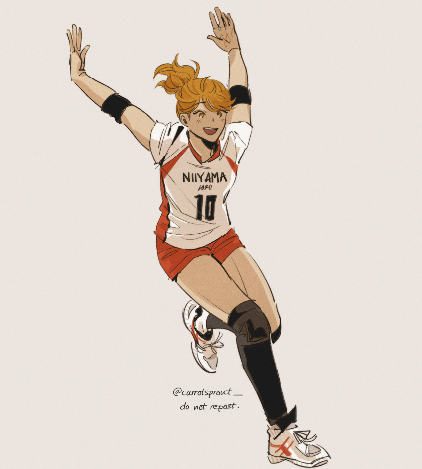 1girl, blush, brown_eyes, carrotsprout, elbow_pads, female_focus, haikyuu!!, highres, hinata_natsu, jersey, knee_pads, long_hair, open_mouth, orange_hair, ponytail, red_shorts, short_sleeves, shorts, simple_background, smile, solo, sportswear, teeth, tongue, twitter_username, volleyball_uniform, watermark, white_background, white_jersey