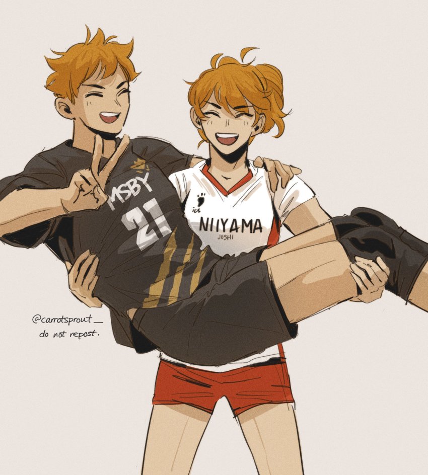 1boy, 1girl, black_jersey, black_shorts, brother_and_sister, carrotsprout, carrying, closed_eyes, haikyuu!!, hair_between_eyes, hair_tied, hair_tied_back, highres, hinata_natsu, hinata_shouyou, long_hair, open_mouth, orange_hair, ponytail, red_shorts, reverse_princess_carry, short_hair, shorts, siblings, smile, sportswear, teeth, tongue, twitter_username, v, volleyball_uniform, watermark, white_background, white_jersey