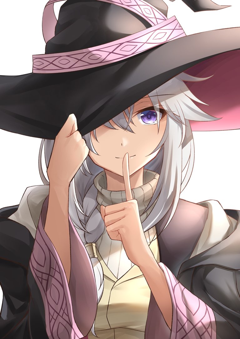 1girl, adjusting_clothes, adjusting_headwear, black_hat, braid, finger_to_mouth, hair_between_eyes, hair_over_shoulder, hat, hat_ribbon, kanaria_hisagi, long_hair, long_sleeves, majo_no_tabitabi, nike_(majo_no_tabitabi), one_eye_covered, open_clothes, open_robe, purple_eyes, ribbon, robe, silver_hair, single_braid, solo, turtleneck, upper_body, wide_sleeves, witch, witch_hat