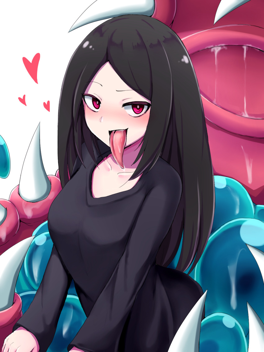 1girl, black_dress, black_hair, breasts, collarbone, commentary_request, dress, heart, highres, long_hair, long_tongue, looking_at_viewer, medium_breasts, mimic, minelli_(mon-musu_quest!), mimic_chest, mon-musu_quest!, monster_girl, open_mouth, raichi_(ddq0246), red_eyes, saliva, sharp_teeth, simple_background, slime_(substance), solo, teeth, tongue, tongue_out, white_background
