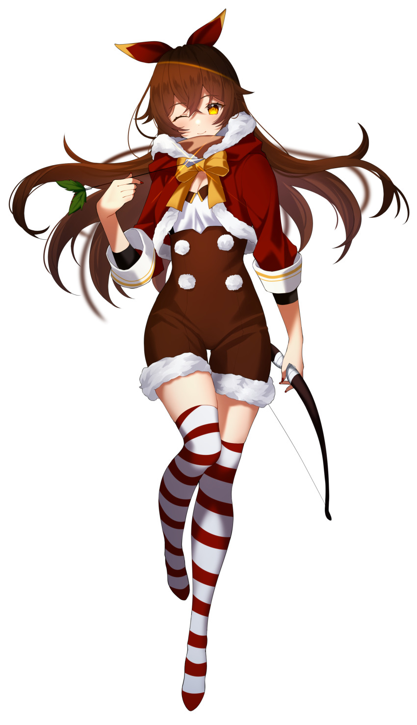 1girl, absurdres, amber_(genshin_impact), arcelle, blush, bow_(weapon), christmas, dress, genshin_impact, hair_between_eyes, hair_ribbon, highres, holding, holding_weapon, long_hair, neck_ribbon, one_eye_closed, red_ribbon, ribbon, santa_costume, santa_dress, striped_clothes, striped_legwear, striped_thighhighs, thighhighs, weapon, yellow_eyes, yellow_ribbon