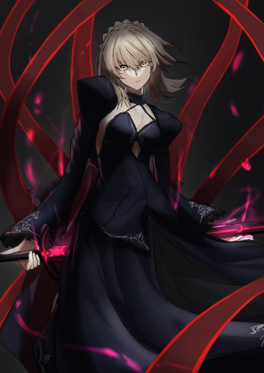 1girl, artoria_pendragon_(fate), black_dress, blonde_hair, braid, breasts, bun_with_braided_base, center_opening, closed_mouth, dress, excalibur_morgan_(fate), fate/stay_night, fate_(series), hair_bun, highres, holding, holding_sword, holding_weapon, juliet_sleeves, ki_(kai_oekakikun), long_sleeves, looking_at_viewer, medium_breasts, medium_hair, puffy_sleeves, saber_alter, saber_alter_(third_ascension), shrug_(clothing), solo, sword, weapon, yellow_eyes