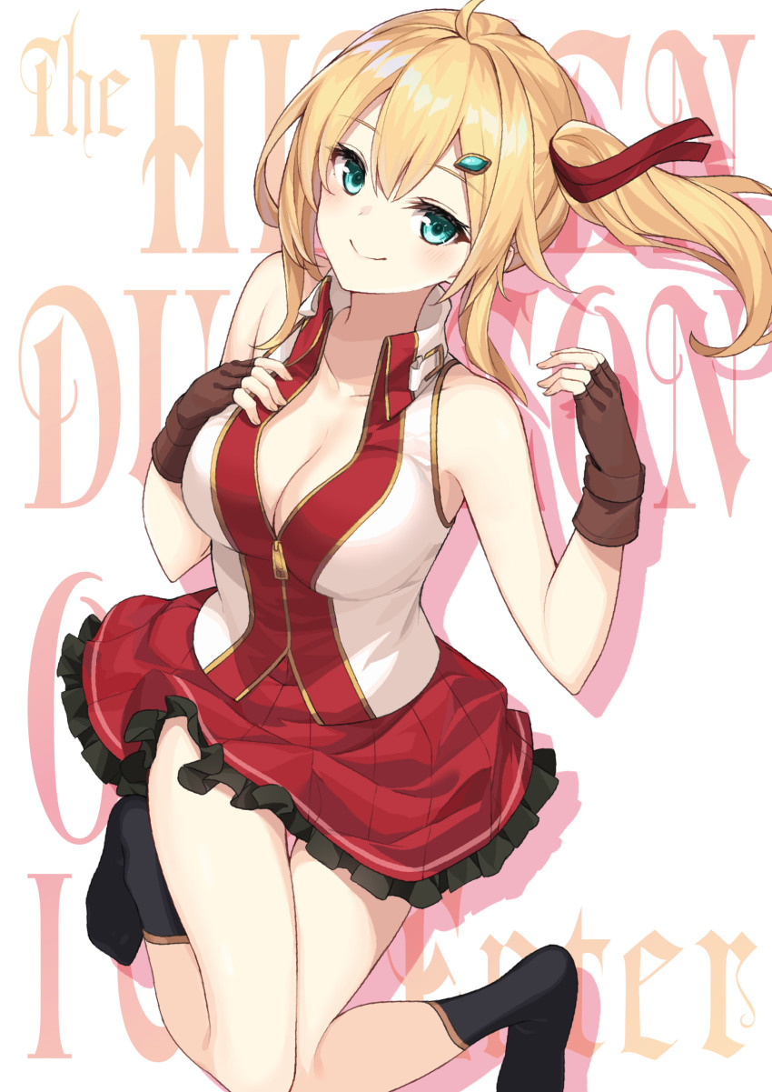 1girl, absurdres, ahoge, aqua_eyes, artist_request, bare_shoulders, black_socks, blonde_hair