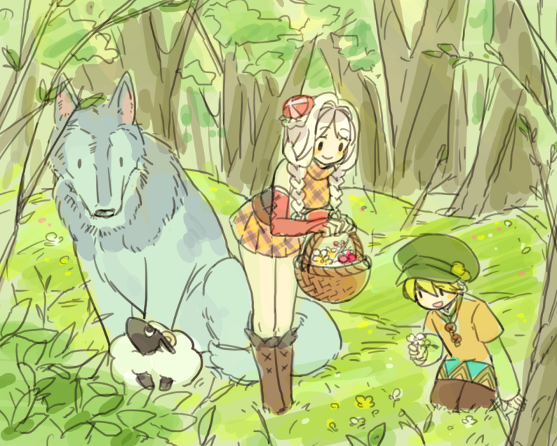 1boy, 1girl, bare_legs, basket, blush, boots, braid, brown_footwear, etrian_odyssey, farmer_(sekaiju), farmer_1_(sekaiju), flower, forest, green_headwear, hair_ornament, hat, highlander_(sekaiju_2), holding, holding_basket, kiharatta, kneeling, leaning_forward, long_hair, miniskirt, nature, outdoors, pet_(sekaiju), pet_3_(sekaiju), plaid, sheep, skirt, smile, white_hair