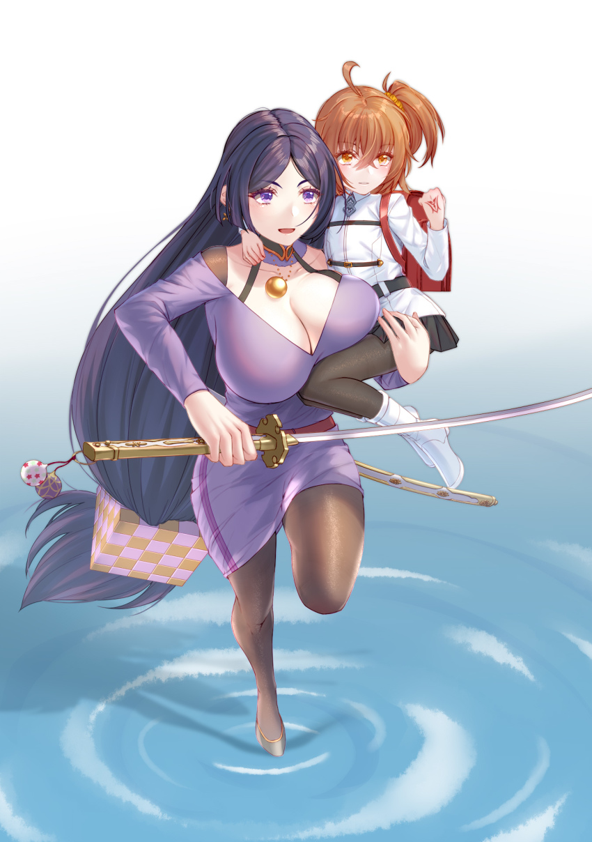 2girls, aged_down, ahoge, breasts, brown_hair, dress, fate_(series), fujimaru_ritsuka_(female)