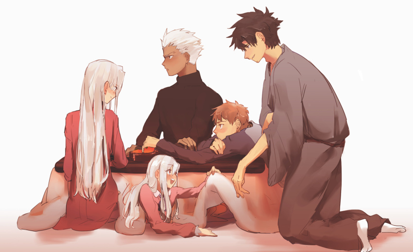 2girls, 3boys, adoptive_parent_and_adoptive_child, alternate_universe, archer_(fate), black_hair, brother_and_sister, brown_eyes, dark-skinned_male, dark_skin, dress, emiya_family_(fate), emiya_kiritsugu, emiya_shirou, facial_hair, family, fate_(series), father_and_child, father_and_daughter, father_and_son, good_end, hair_between_eyes, highres, illyasviel_von_einzbern, irisviel_von_einzbern, japanese_clothes, kimono, long_hair, mother_and_child, mother_and_daughter, mother_and_son, multiple_boys, multiple_girls, open_mouth, orange_hair, parent_and_child, raglan_sleeves, red_eyes, shirt, siblings, smile, suiso_(owp), table, time_paradox, white_hair, white_shirt, yellow_eyes