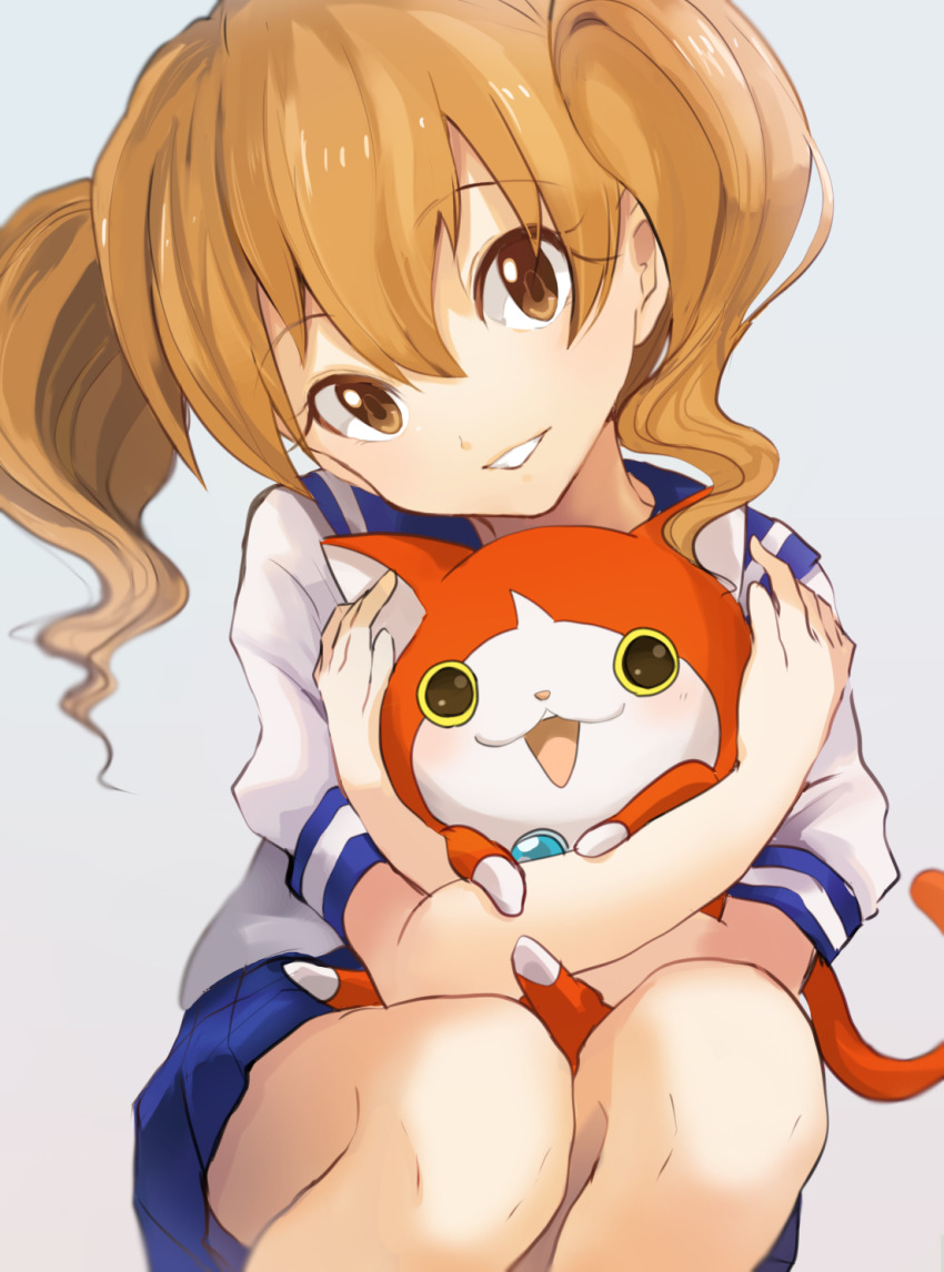 1girl, akamaru_(youkai_watch), blue_skirt, blush, brown_eyes, brown_hair, cat, emi-chan, highres, myuu1995, notched_ear, open_mouth, pleated_skirt, school_uniform, serafuku, short_hair, simple_background, skirt, smile, squatting, tail, twintails, white_background, youkai_watch