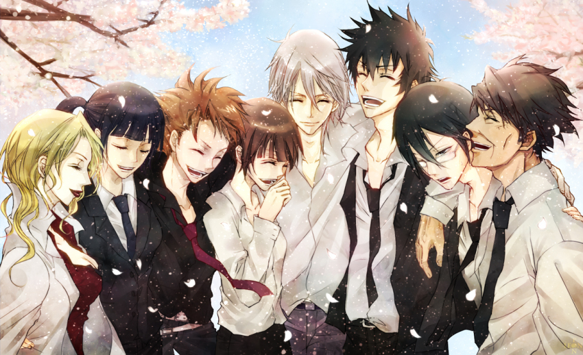 3girls, 5boys, black_hair, blush, brown_hair, character_request, cherry_blossoms, formal_clothes