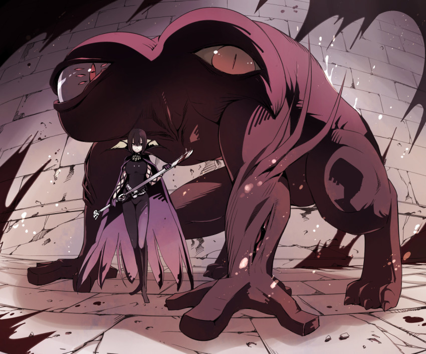 1girl, amdarias, black_bodysuit, bodysuit, brick_floor, brick_wall, brown_eyes, brown_hair, cape, closed_mouth, commentary_request, crack, cracked_floor, cracked_wall, extra_eyes, full_body, high_collar, himmelmez, holding, holding_staff, holding_sword, holding_weapon, looking_at_viewer, looking_to_the_side, miya9, monster, no_mouth, purple_cape, ragnarok_online, red_eyes, short_hair, sleeveless, sleeveless_bodysuit, smile, staff, standing, sword, weapon