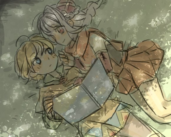 1boy, 1girl, blonde_hair, blush, book, braid, dappled_sunlight, etrian_odyssey