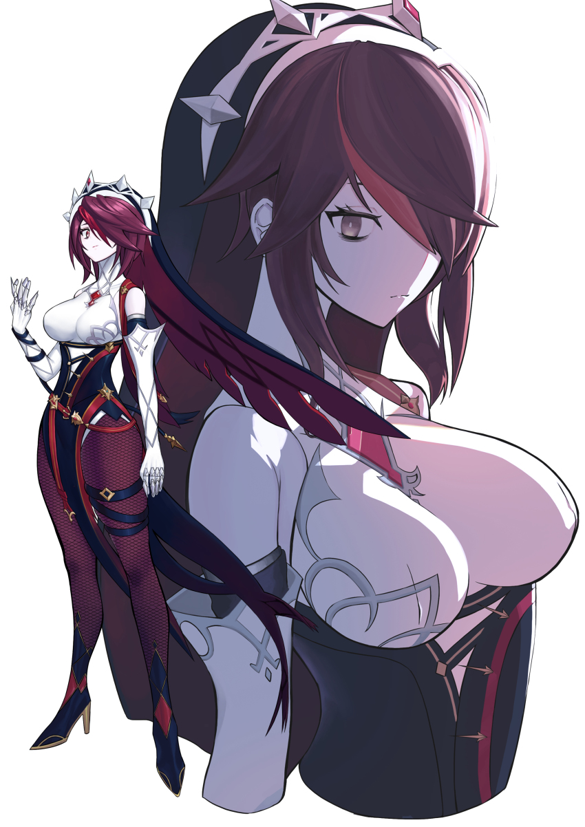 1girl, absurdres, bags_under_eyes, bare_shoulders, breasts, cropped_torso, detached_sleeves, dress, fishnet_pantyhose, fishnets, full_body, genshin_impact, hair_over_one_eye, half-closed_eye, high_heels, highres, large_breasts, long_sleeves, medium_hair, miyamoya, nun, nun_headdress, pantyhose, pelvic_curtain, purple_eyes, purple_hair, rosaria_(genshin_impact), simple_background, solo, upper_body, veil, white_background