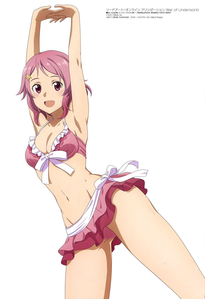1girl, absurdres, aquastar_inc., armpits, arms_up, bikini, blue_eyes, breasts