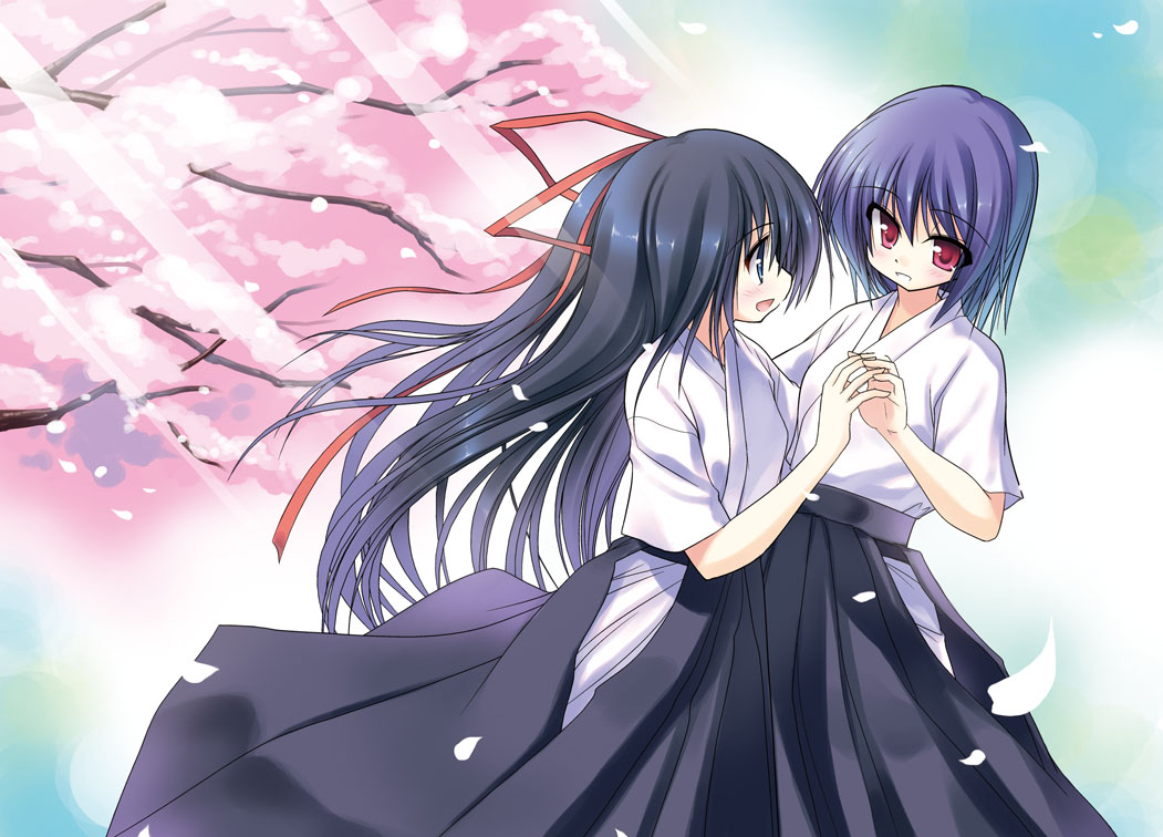 2girls, black_hair, blue_hair, cherry_blossoms, hakama, hakama_skirt, hayama_akiho, hokaze_minatsu