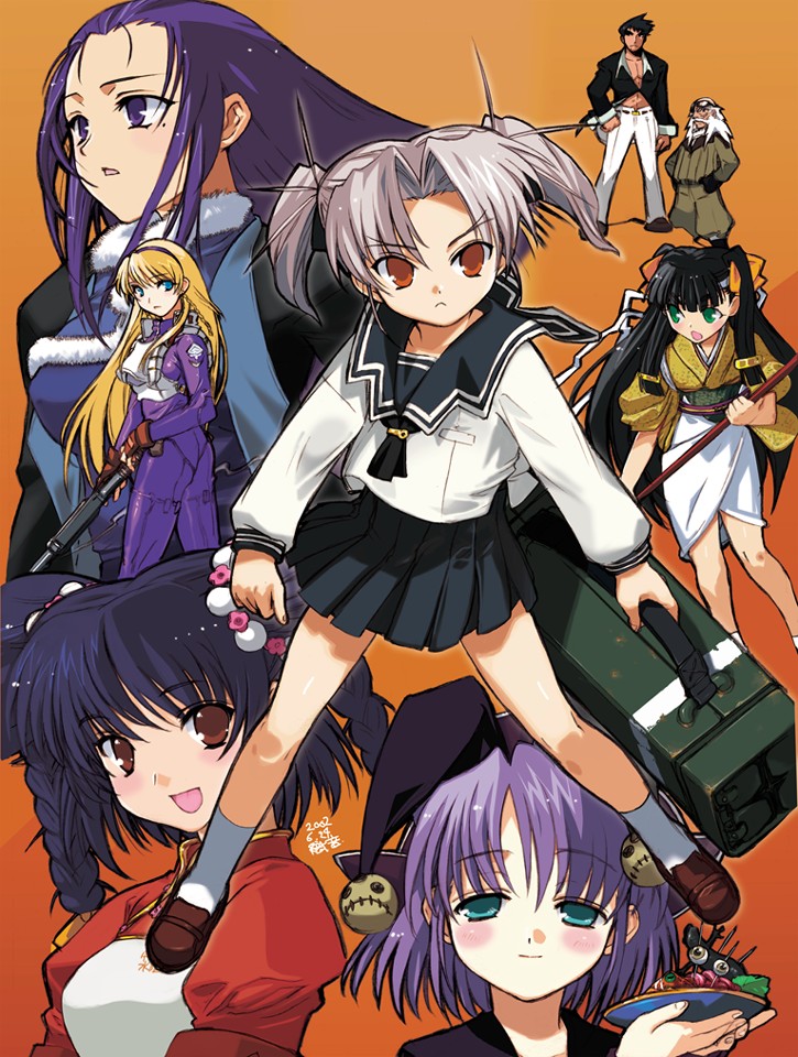 6+girls, :<, :o, akuji, blonde_hair, blue_eyes, blue_hair, blush, bodysuit, braid, dai_(series), daiakuji, everyone, food, frown, fur, gun, hair_ornament, hairband, haku_minka, hat, henri_pelori, holding, japanese_clothes, kaga_motoko, kimono, long_hair, mole, mole_under_eye, multiple_girls, nogi_kikuko, orange_eyes, plate, priscilla_wadul, purple_eyes, purple_hair, red_eyes, school_uniform, serafuku, short_hair, short_twintails, skirt, smile, socks, staff, takega_satsu, twin_braids, twintails, very_long_hair, weapon, white_hair, yamamoto_akuji, yamamoto_ippatsu