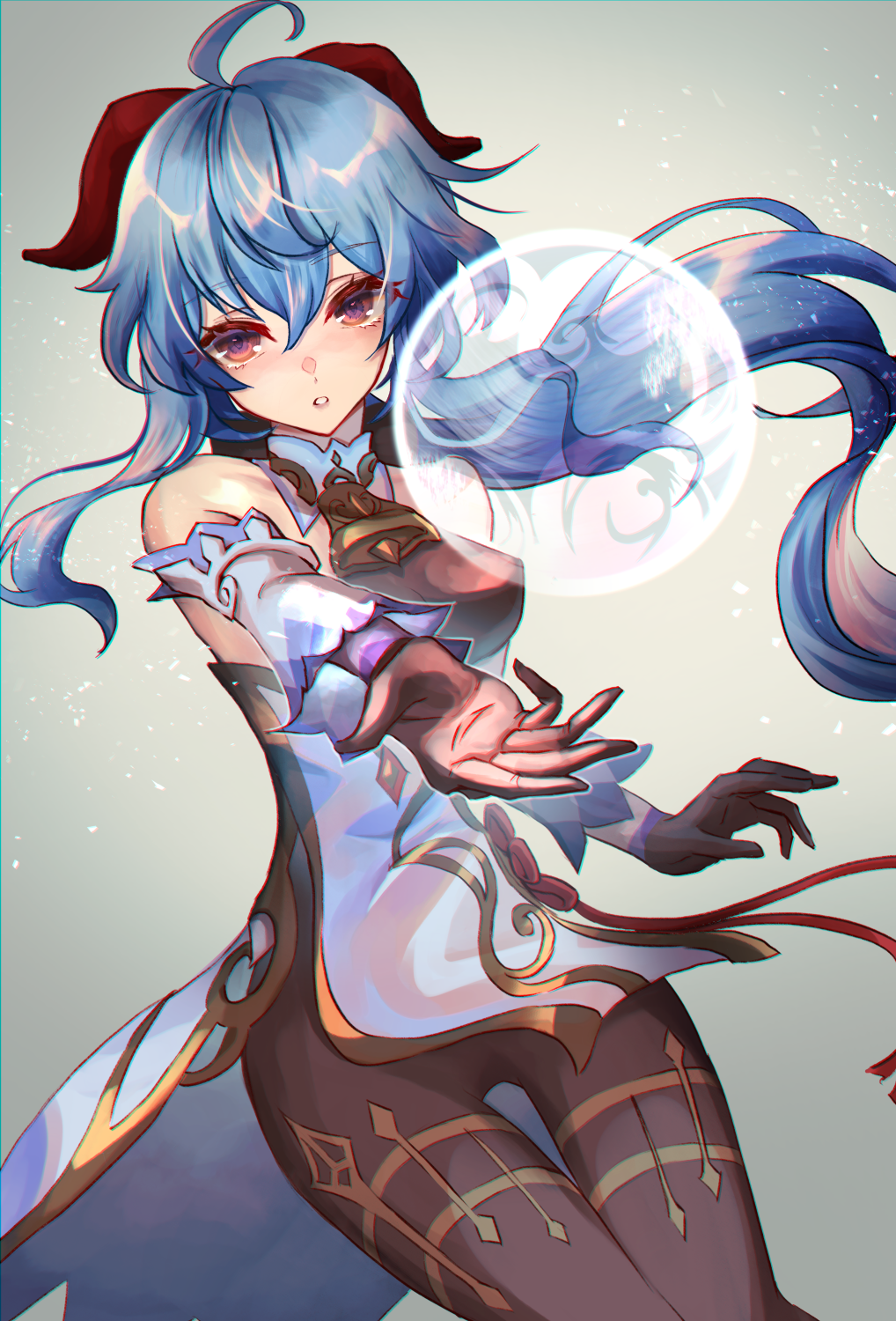 1girl, asagizuisen, bell, black_bodysuit, black_gloves, blue_hair, bodysuit, breasts, cowbell, detached_sleeves, ganyu_(genshin_impact), genshin_impact, gloves, hair_between_eyes, highres, horns, long_hair, medium_breasts, parted_lips, purple_eyes, sidelocks, simple_background, solo