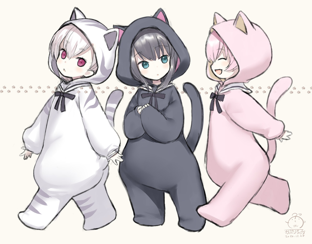 3girls, :d, :o, ^_^, animal_costume, animal_ears, animal_hood, black_hair