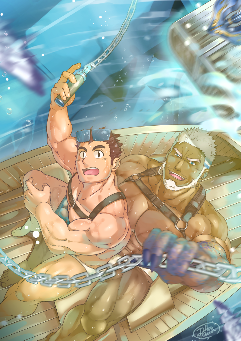 2boys, aegir_(housamo), aegir_(swimsuit)_(housamo), aqua_hair, bara, bare_pectorals, beard, blue_eyes