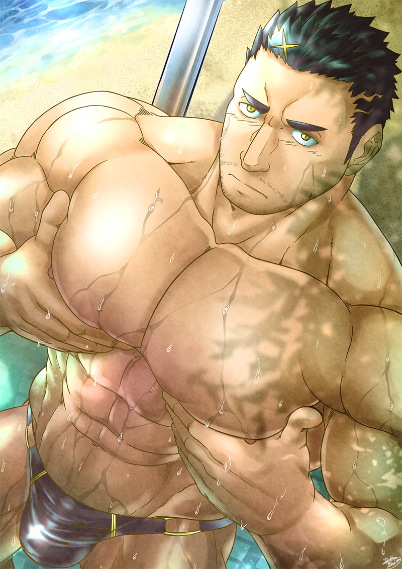 1boy, abs, bara, bare_pectorals, beach, black_hair, black_male_swimwear, black_swim_briefs