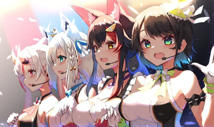 4girls, absurdres, ahoge, alternate_costume, animal_ear_fluff, animal_ears, arm_strap, backlighting, bare_shoulders, black_choker, black_hair, braid, breasts, brown_hair, choker, commentary, crown, dress, fams_(group), fox_ears, fox_girl, frills, gloves, green_eyes, hair_between_eyes, hair_ornament, hairclip, halter_dress, halterneck, hat, highres, hololive, horns, huge_filesize, idol, idol_clothes, inre_kemomimi, long_hair, looking_at_viewer, medium_breasts, microphone, mini_crown, mini_hat, multicolored_hair, multiple_girls, nakiri_ayame, nonstop_story, official_alternate_costume, ookami_mio, oozora_subaru, red_eyes, red_hair, shirakami_fubuki, short_hair, sidelocks, single_braid, skin-covered_horns, spotlight, swept_bangs, two-tone_hair, virtual_youtuber, white_gloves, white_hair, wolf_ears, wolf_girl, yellow_eyes
