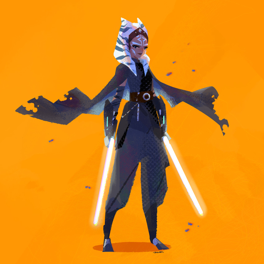 1girl, ahsoka_tano, baggy_pants, belt, black_cape, blue_eyes, cape, colored_skin, detached_sleeves, dual_wielding, energy_sword, facial_tattoo, flat_chest, forehead, forehead_jewel, forehead_protector, full_body, glowing, glowing_weapon, hair_over_shoulder, highres, holding, holding_weapon, jedi_knight, lightsaber, manodemarina, medium_hair, orange_background, orange_skin, pants, solo, star_wars, sword, tattoo, tentacle_hair, the_mandalorian, togruta, vambraces, weapon, white_hair, white_lightsaber