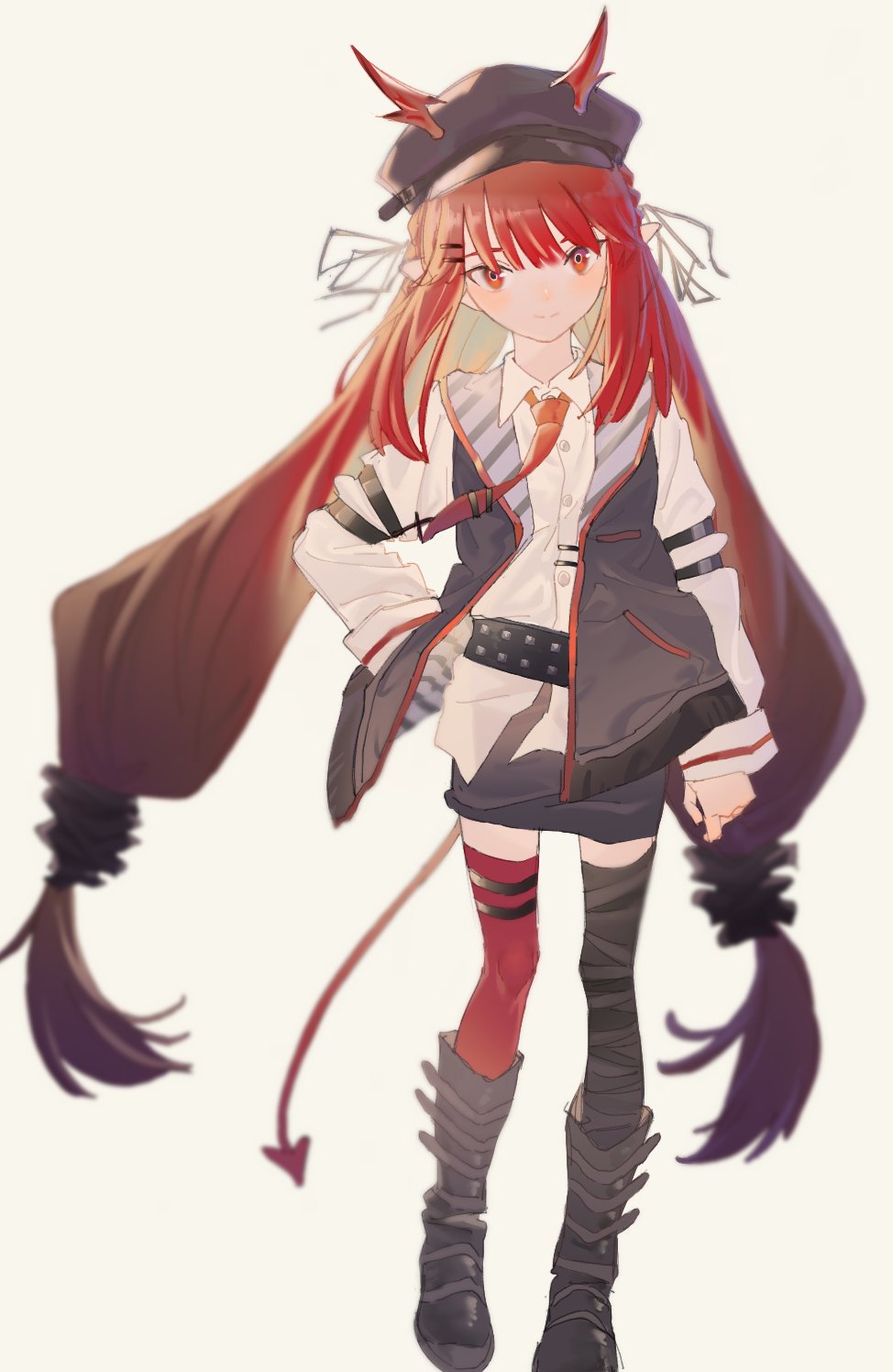 1girl, arknights, asymmetrical_legwear, belt, black_belt, black_boots, black_hat, black_jacket