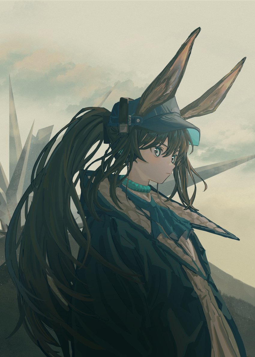 1girl, absurdres, amiya_(arknights), amiya_(newsgirl)_(arknights), animal_ears, arknights, ascot, baseball_cap