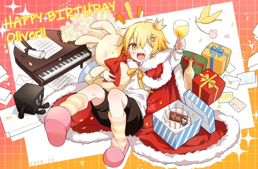 1boy, bandage_over_one_eye, bird, birthday, black_shorts, blonde_hair, bottle, bouquet