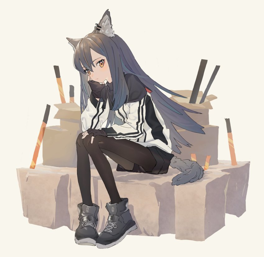 1girl, animal_ear_fluff, animal_ears, arknights, black_capelet, black_gloves, black_hair, black_pantyhose