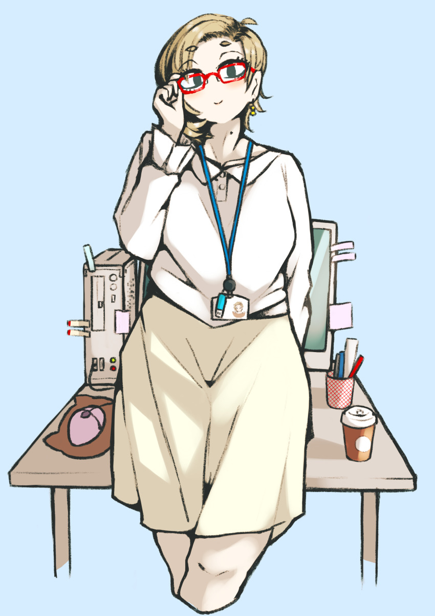 1girl, absurdres, adjusting_eyewear, beige_skirt, blonde_hair, blouse, blue_background, cocoa_fuumi, computer, cup, desk, disposable_coffee_cup, disposable_cup, highres, lanyard, mole, mole_on_neck, computer_mouse, mousepad_(object), office_lady, original, red-framed_eyewear, sanpaku, shirt, short_eyebrows, simple_background, skirt, smile, solo, thighs