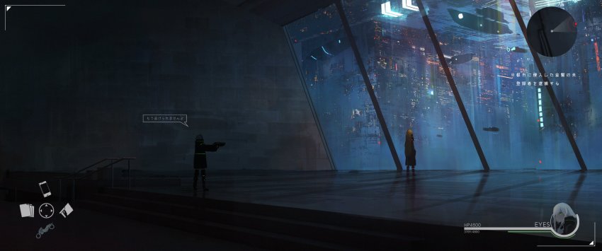 2girls, absurdres, aiming, asteroid_ill, banister, black_coat, black_footwear, blonde_hair