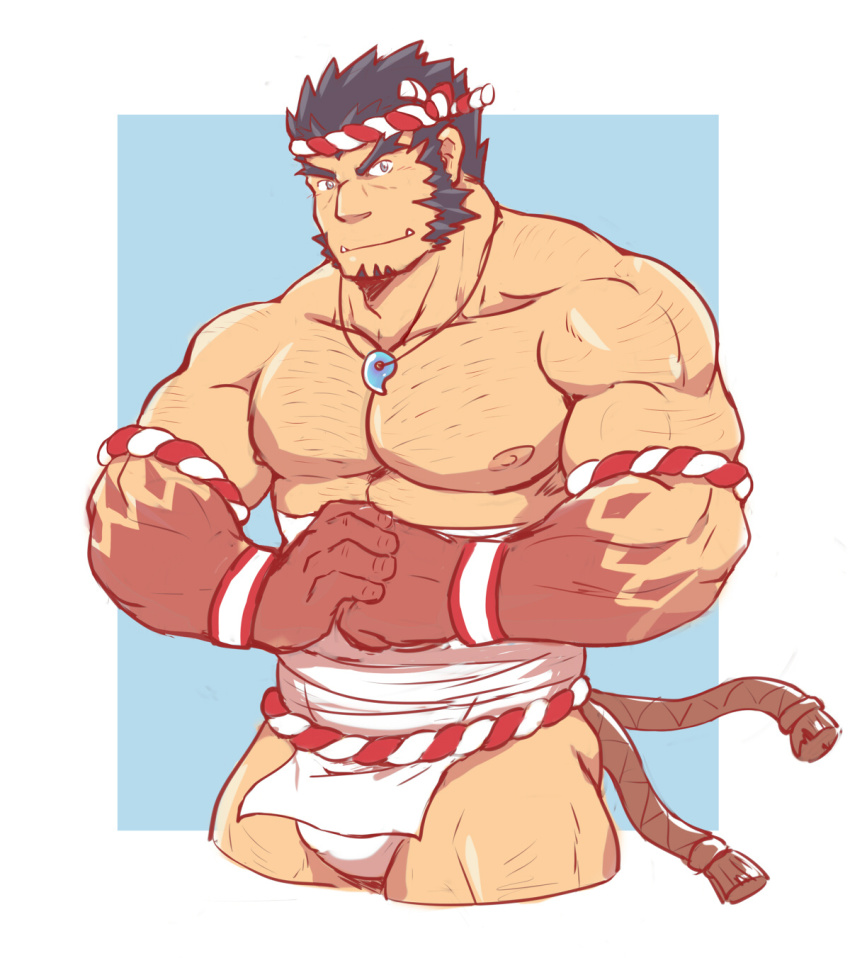 1boy, ass, bara, bare_pectorals, black_hair, body_hair, bulge, chest_hair