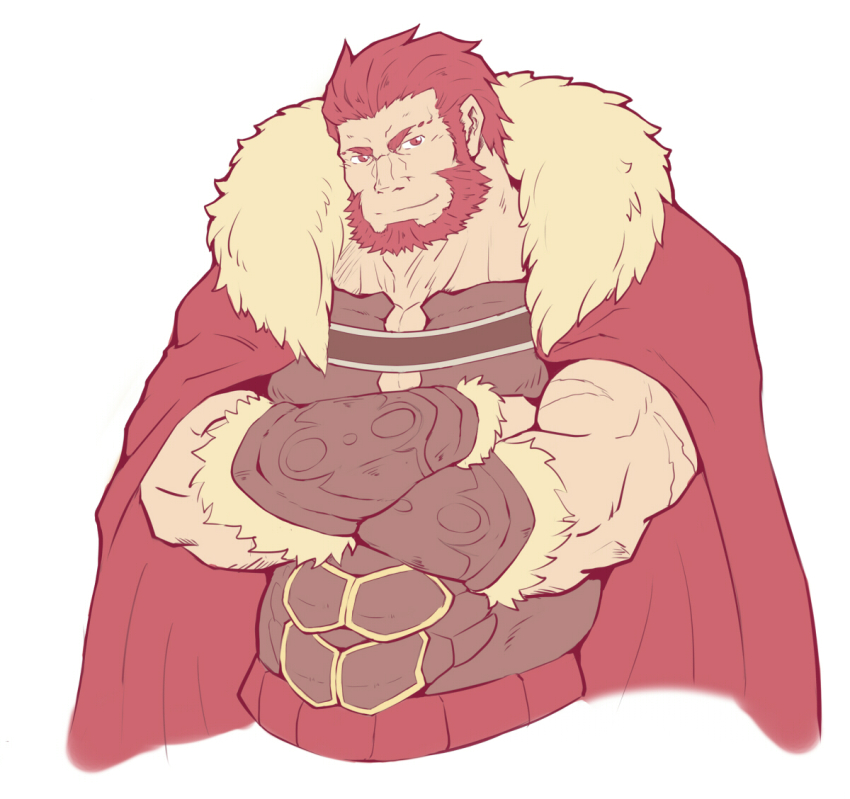 1boy, armor, bara, beard, breastplate, cape, cleavage_cutout, clothing_cutout
