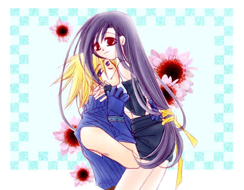 1990s_(style), classica, cloud_strife, final_fantasy, final_fantasy_vii, flower, holding_another's_wrist, hug