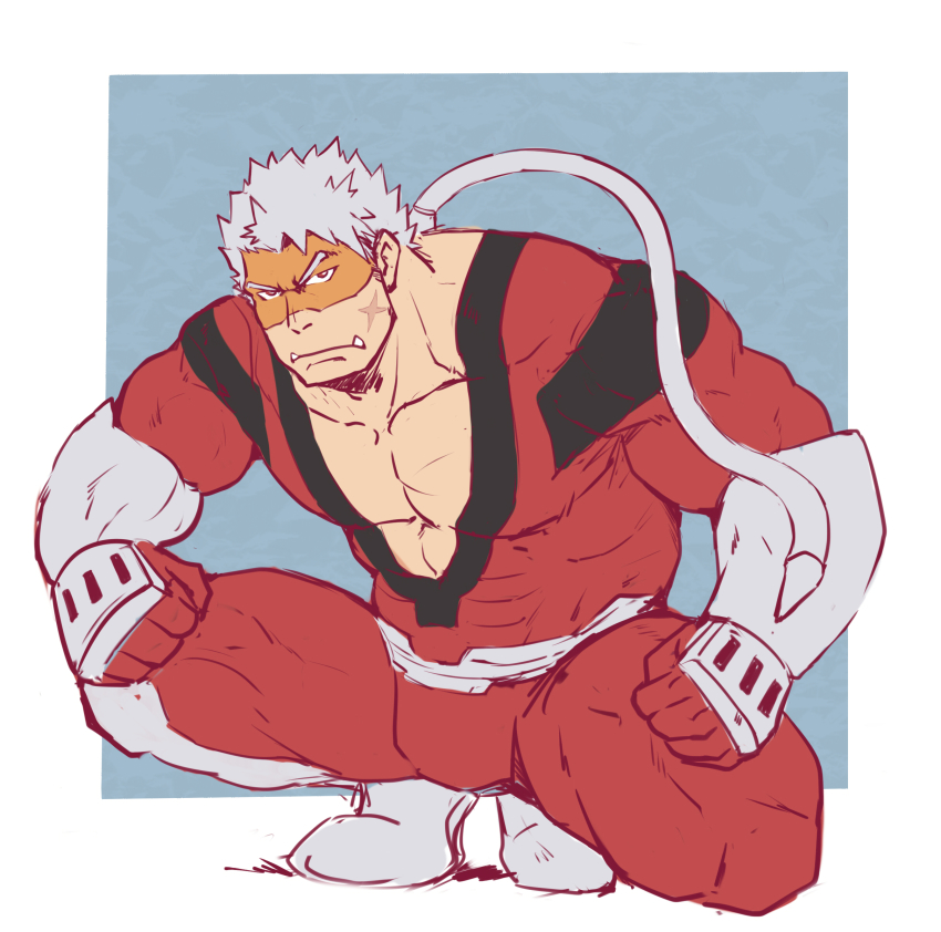 1boy, bara, bare_pectorals, bodysuit, boku_no_hero_academia, cleavage_cutout, clothing_cutout, cross_scar, facial_scar, full_body, highres, kagemaru_(kagemaru321), large_pectorals, looking_at_viewer, male_focus, muscular, muscular_male, pectoral_cleavage, pectorals, red_bodysuit, scar, scar_on_cheek, scar_on_face, short_hair, solo, squatting, thighs, vlad_king_(boku_no_hero_academia), white_hair