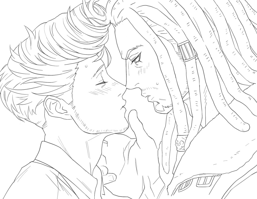 2boys, adam's_apple, akudama_drive, brawler_(akudama_drive), brmnd_d_(baraman), facial_hair, facing_another, greyscale