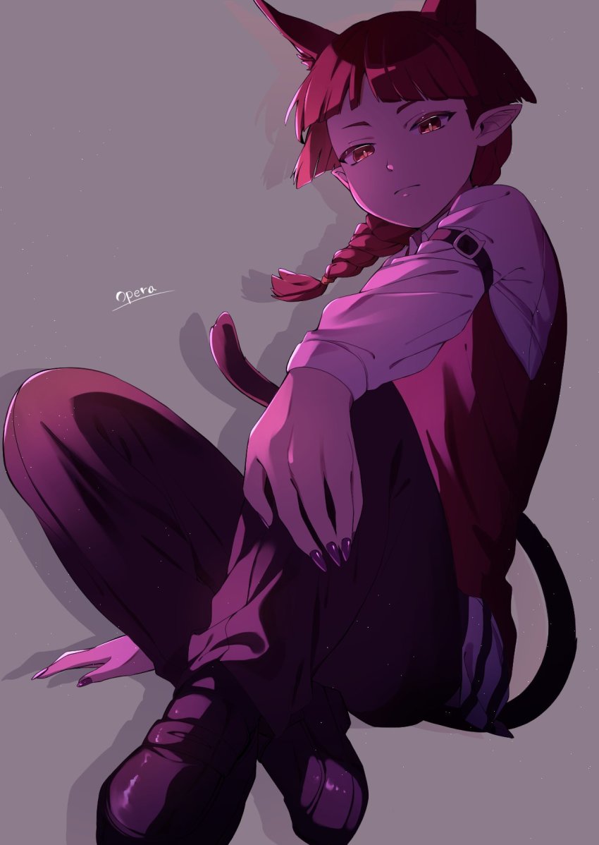androgynous, animal_ears, black_pants, braid, cat_ears, cat_tail, fingernails, gender_request, highres, light_particles, long_sleeves, mairimashita!_iruma-kun, nail_polish, opera_(iruma-kun), pants, pointy_ears, purple_nails, red_eyes, red_hair, red_vest, romaji_text, sharp_fingernails, shirt, shoes, simple_background, solo, tail, tetolapis, vest, white_shirt