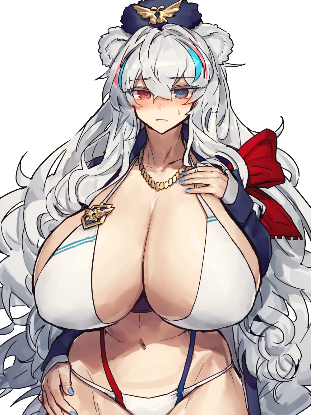 1girl, adapted_costume, alternate_breast_size_(larger), animal_ears, arknights, bear_ears, bikini, blue_eyes, blue_hair, blue_hat, blue_jacket, blue_nails, blush, breasts, cleavage, commentary, cowboy_shot, embarrassed, emblem, fur_hat, hair_between_eyes, hand_on_own_chest, hat, heterochromia, highres, huge_breasts, imagining, jacket, jewelry, light_blue_hair, long_hair, looking_at_viewer, melon22, midriff, multicolored_hair, nail_polish, navel, necklace, open_clothes, open_jacket, pink_hair, red_eyes, rosa_(arknights), silver_hair, simple_background, solo, speech_bubble, streaked_hair, sweatdrop, swimsuit, thought_bubble, ursus_logo, very_long_hair, wavy_hair, white_background, white_bikini