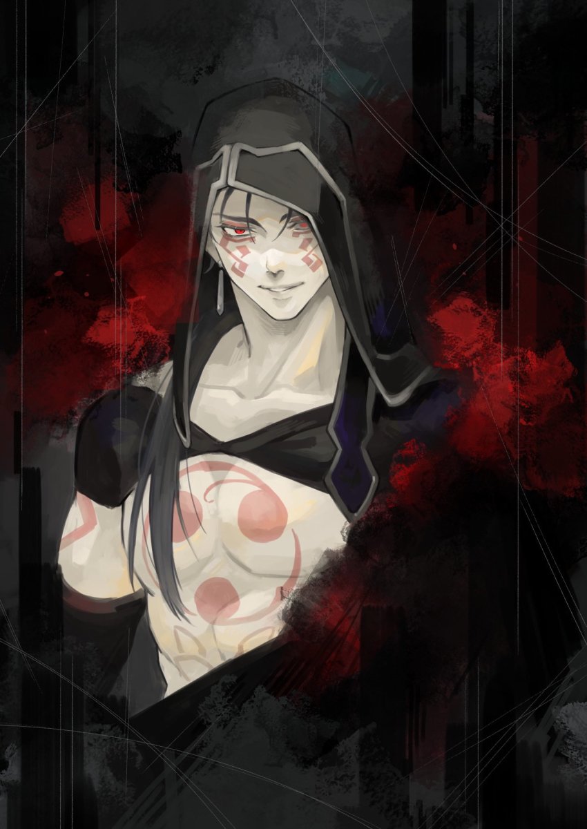 1boy, bad_id, bad_twitter_id, black_hair, blooming_yuki, bodypaint, cu_chulainn_(fate), cu_chulainn_alter_(fate)